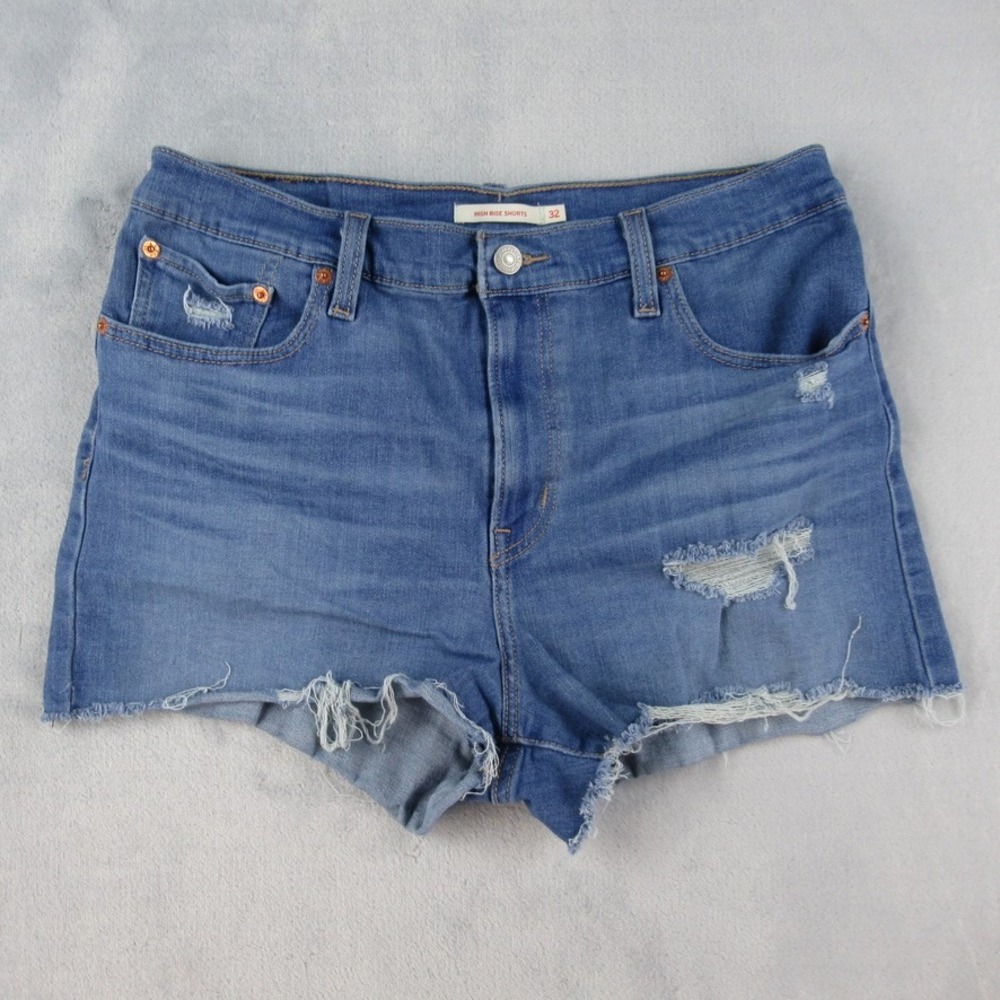 Levis High Rise Shorts Womens 32 Blue‎ Denim Distressed Cut Off 72878-0021